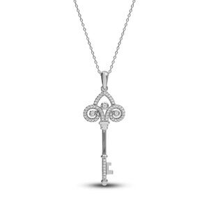 Silver Diamond Crown Key Pendant Necklace 18” W/Box &Pouch